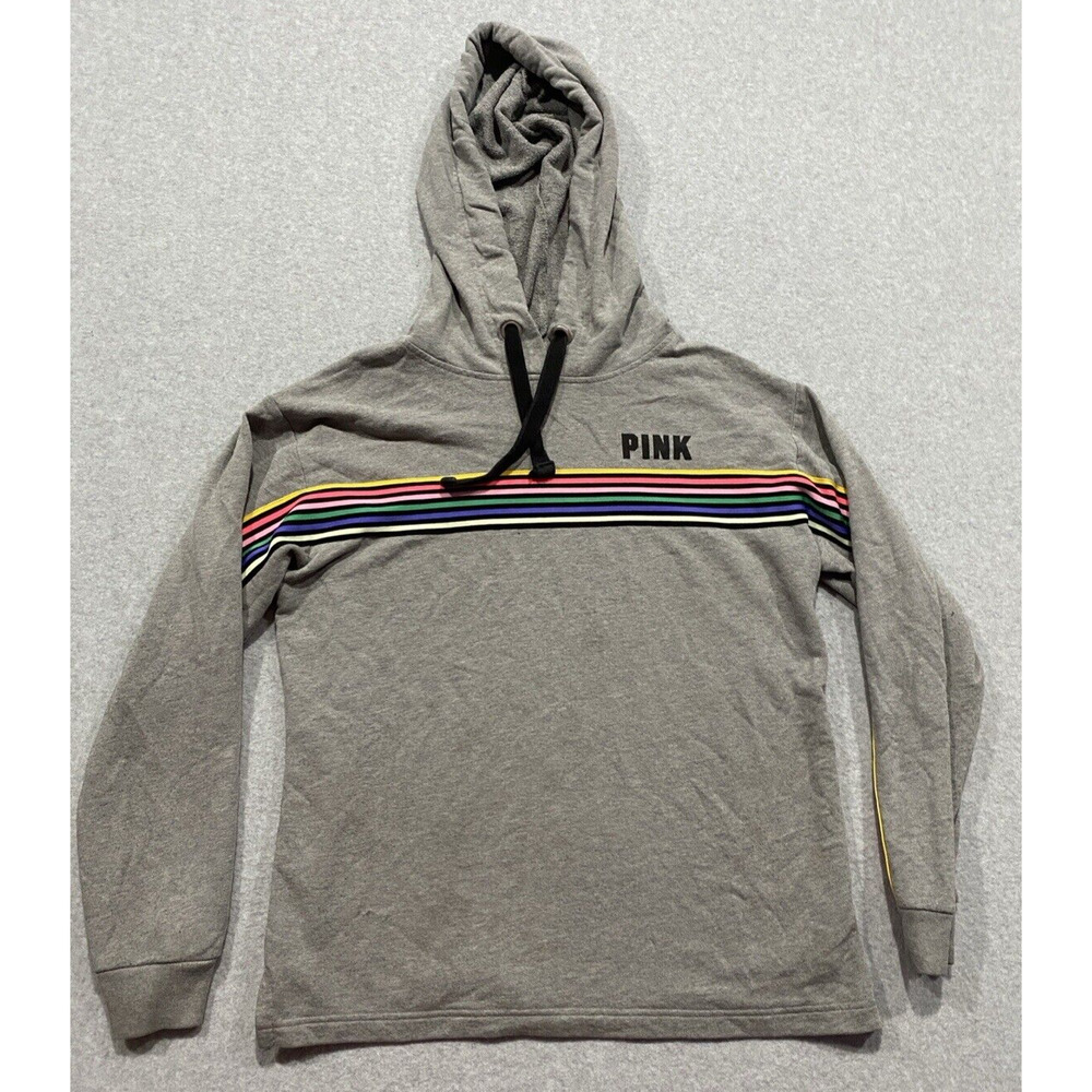 Victoria Secret PINK Campus Hoodie Gray with Rainbow Stripe Women's Size Medium